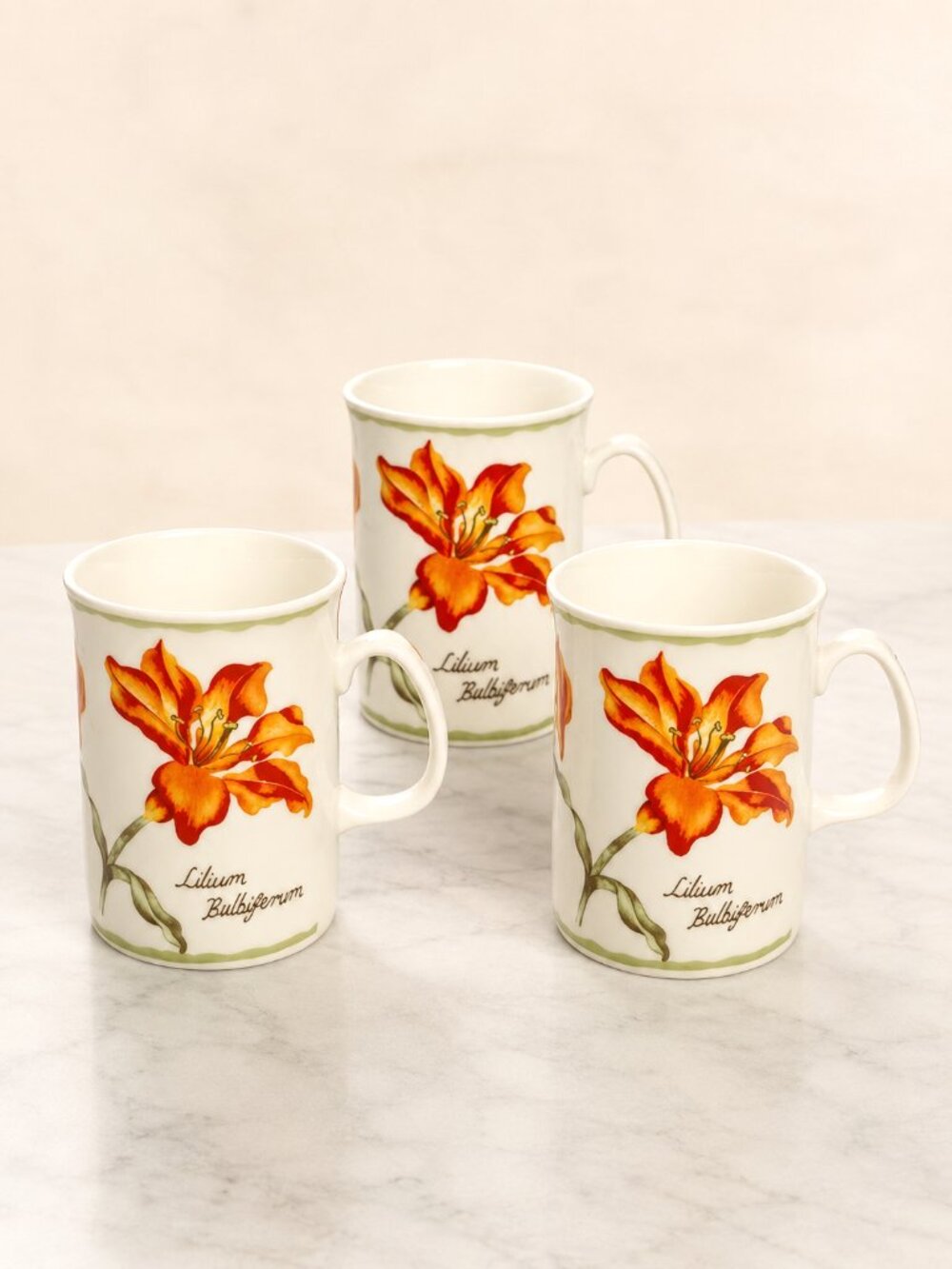 Rose of England Lilium Bulbiferum Tiger Lily Bone China Mugs Set of 3 10oz